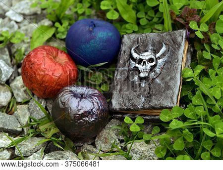 Colorful Magical Apples And Hand Crafted Witch Book Of Spells In The Grass. Esoteric, Gothic And Occ