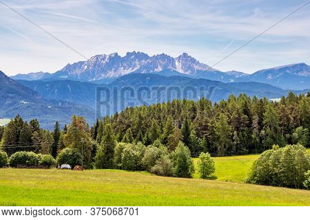 Beautiful Landscape View Of The Mountains In South Tyrol With Mixed Pine And Deciduous Forest, Renon