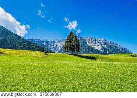Landscape View Near Lake Walchsee Near Koessen At The Wilder And Zahmer Kaiser In Tirol, Austria.