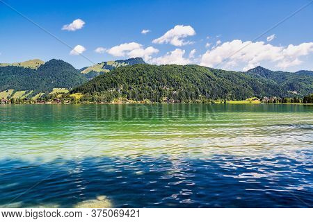 Lake Walchsee Near Koessen At The Wilder And Zahmer Kaiser In Tirol, Austria.