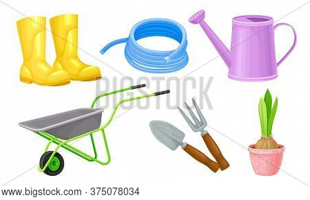 Garden Tools With Watering Can And Ironmongery Vector Set