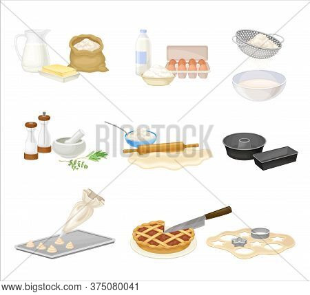 Baking Process With Doughing And Mixing Ingredients With Cookware Vector Set