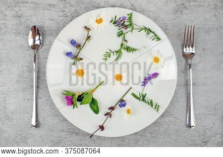 Flowers And Green Plant In A White Plate With Fork And Spoon On A Grey Textured Background, Vegetari
