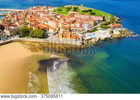 Gijon Beach Aerial View In The Centre Of Gijon City In Asturias, Spain