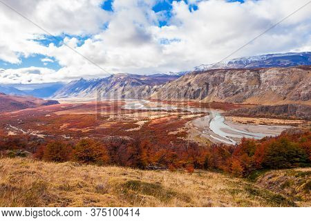 Golden Forest Trees Near The Fitz Roy In Autumn. Fitz Roy Is A Mountain Located Near El Chalten In T