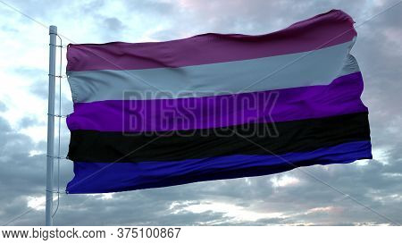 Genderfluidity Pride Flag City Waving In The Wind Against Deep Beautiful Clouds Sky. 3d Rendering