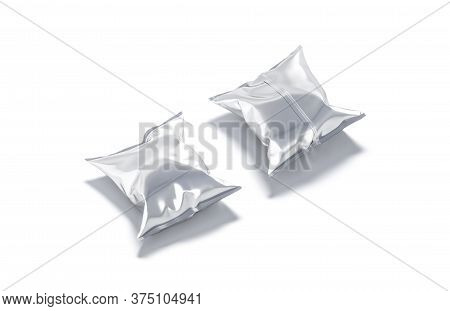 Blank Silver Foil Chips Pack Mockup, Front And Back View, 3d Rendering. Empty Sachet Pouch For Potat