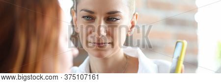 Portrait Of Young Woman Spending Time With Best Friend. Beautiful Female With Short Hair Showing Som