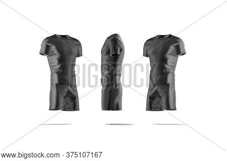 Blank Black Soccer Uniform T-shirt And Short Mockup, Different Sides, 3d Rendering. Empty Sports Tea