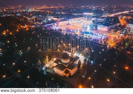 Gomel, Belarus - January 13, 2020: Main Christmas Tree And Festive Illumination On Square In Homel. 