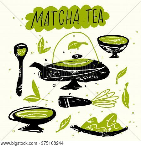 Matcha Tea. Vector Doodle Illustration. Japanese Tea Ceremony.