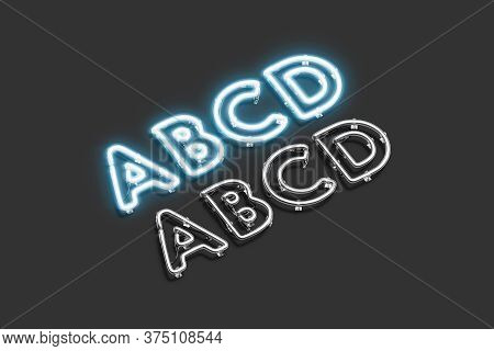 Decorative A B C D Letters, Neon Font Mockup, 3d Rendering. Capital Ultraviolet Typeface With Illumi