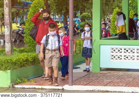 Kanchanaburi,thailand-july 2,2020:thai Students Wear Various Medical Masks To Prevent Themselves Fro