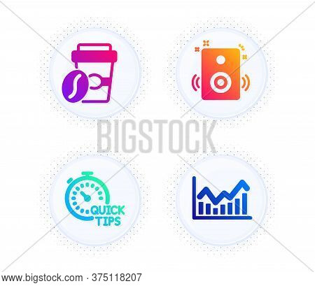 Quick Tips, Takeaway Coffee And Speakers Icons Simple Set. Button With Halftone Dots. Infochart Sign