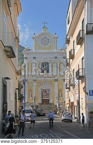 Minori, Italy - June 27, 2014: Basilica Of Santa Trofimena At Amalfi Coast In Minori, Italy.