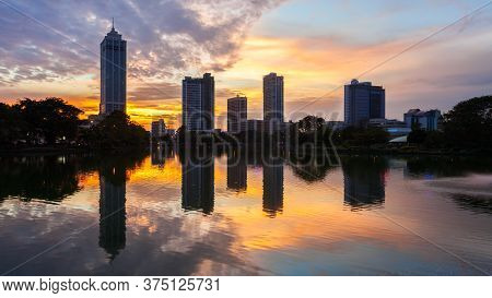 Beira Lake And Colombo City Skyline View At Sunset. Beira Lake Is A Lake In The Center Of The Colomb