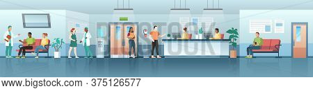 Hospital Interior. Medical Clinic Hall With Patients, Nurses And Doctors, Professional Therapist Con