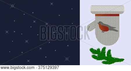 Knitted Mittens, Bullfinch, Spruce Branch - Dark Blue Background - Vector. Banner. A Christmas Gift.