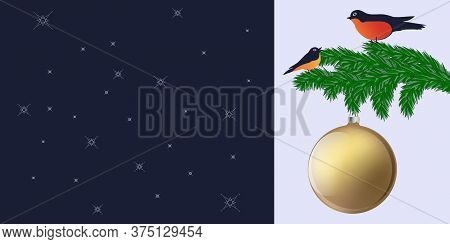 Fir Tree Branch, Bullfinches, Christmas Ball, Shiny, - Dark Blue Background - Vector. Banner. Christ