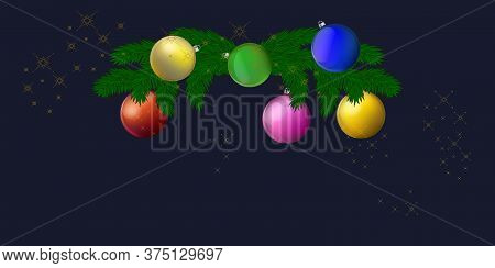 Christmas Garland, Bright Balls - Dark Blue Background - Vector. Banner. Christmas Decoration. Winte