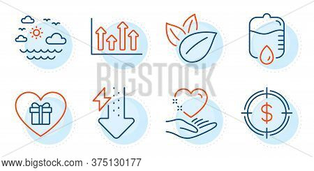 Upper Arrows, Organic Product And Travel Sea Signs. Drop Counter, Energy Drops And Dollar Target Lin