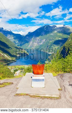 Queen Sonja Of Norway Throne At Flydalsjuvet Viewpoint At Geirangerfjord Near Geiranger Village In N