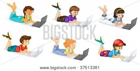 illustration of laptops and kids on a white background