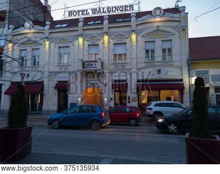 Osijek / Croatia - February 22, 2020: Finely Decorated Building Of The Waldinger Hotel In Županijska