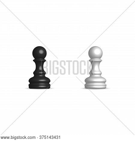 Photo Realistic Black And White Chess Piece Pawn. Front View, Vector Illustration.