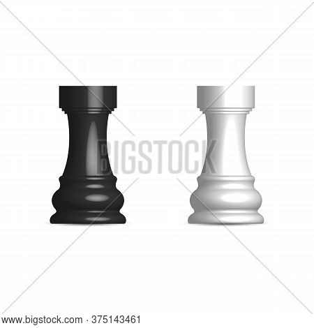 Photo Realistic Black And White Chess Piece Rook. Front View, Vector Illustration.