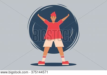 Young Man In Shorts, T-shirt, Socks And Sneakers Holding Hands Up To The Air And Smiling. Sport Char