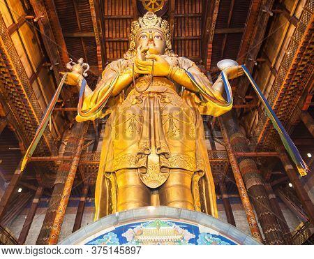 Ulaanbaatar, Mongolia - July 12, 2016: Avalokitesvara Statue Inside The Gandantegchinlen Or Gandan M