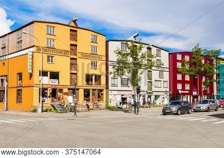 Trondheim, Norway - August 02, 2017: Local Style Wooden Houses In The Trondheim Old Town In Norway