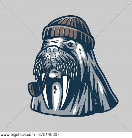 Walrus In A Sailor Cap With Smoking Pipe