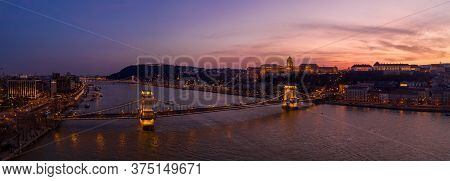 Panoramic Aerial Drone Shot Of Buda Castle On Buda Hill During Budapest Sunset