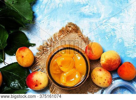Homemade Apricot Confiture In Glass Jar, Top View