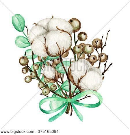 Watercolor Cotton Bouquet. Botanical Hand Drawn Eco Wedding Card Illustration. Cotton Flowers Buds B