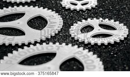 Several Gears With Different Inscription. Topic Of Finance. In Focus Plan Business