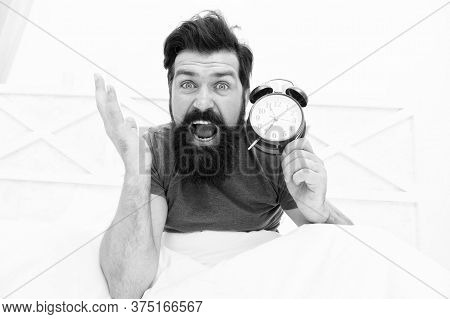 Hate Early Morning Awakening. Daily Stress. Totally Overslept. Get Up Right Now. Stressed Man Alarm 