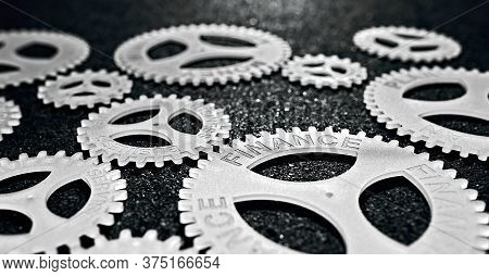 Several Gears With Different Inscription. Topic Of Finance. In Focus Finance Business