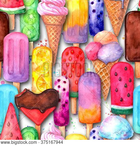 Watercolor Hand Drawn Seamless Pattern With Multicolor Ice Cream And Splashes On White Background. P