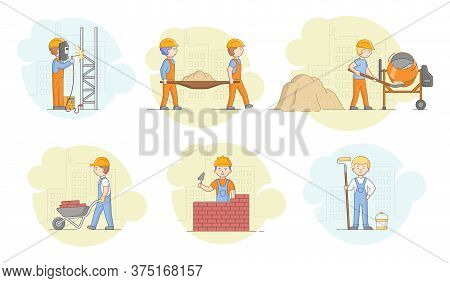 Construction Concept. Workers Working In Protective Uniform And Helmets Men Welding Metalworks, Prep