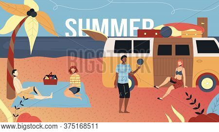 Concept Of Summer Vacations. Friends Relax On Ocean Beach. Characters Are Having A Picknick Near Mot