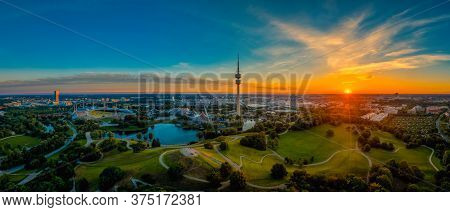 Eyecatching Sunrise View Over Munich At A Wonderful Morning At A Summer Day As Panorama.