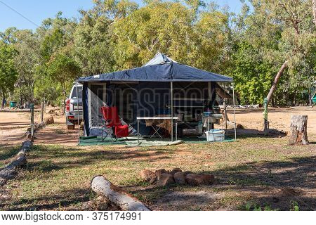 Undara Volcanic National Park, Queensland, Australia - June 2020: Camper Trailer Parked Up On Site A