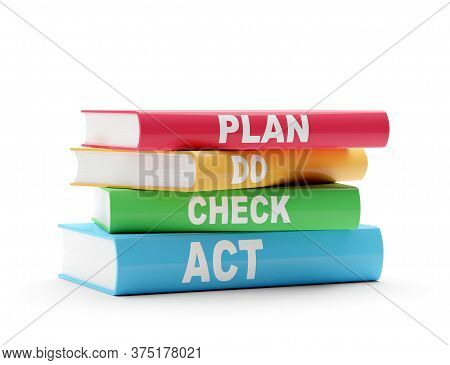 Pdca, Plan - Do - Check - Act,  Scheme On Red, Yellow, Green And Blue Books Over White Background, Q