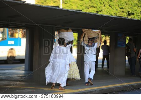 Salvador, Bahia / Brazil  - August 9, 2017: Candomble Fans Are Seen At Lapa Station In Salvador. The