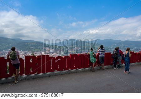 Bilbao, Spain, July 29, 2018: Visitors Look At Bilbao From Artxanda Mountain, Basque Country, Spain