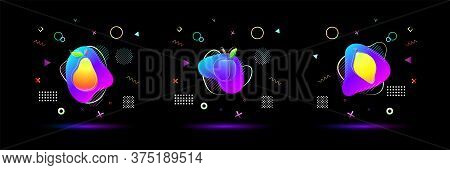 Bright Neon Colored Gradient Pear, Plum, Lemon Fruit With Vivid Colorful Abstract Fluid Liquid And G