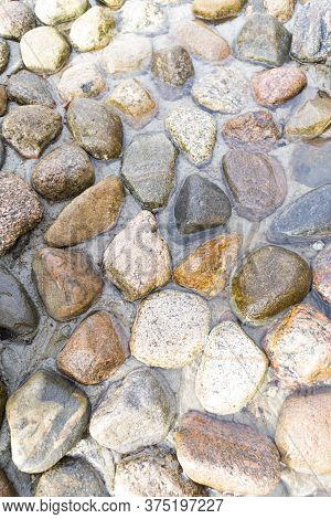 Mountain Stream With Stones. Flowing River With. Spring Running Water Background